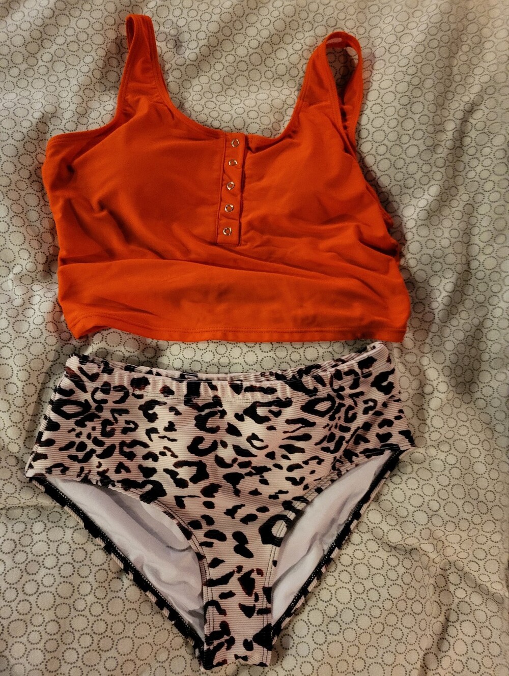 Orange Henley Tankini Top and Leopard High-Waist Bikini Bottoms